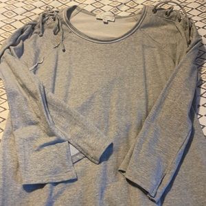 Grey sweatshirt- with detailed tie shoulders and split bell sleeve.
